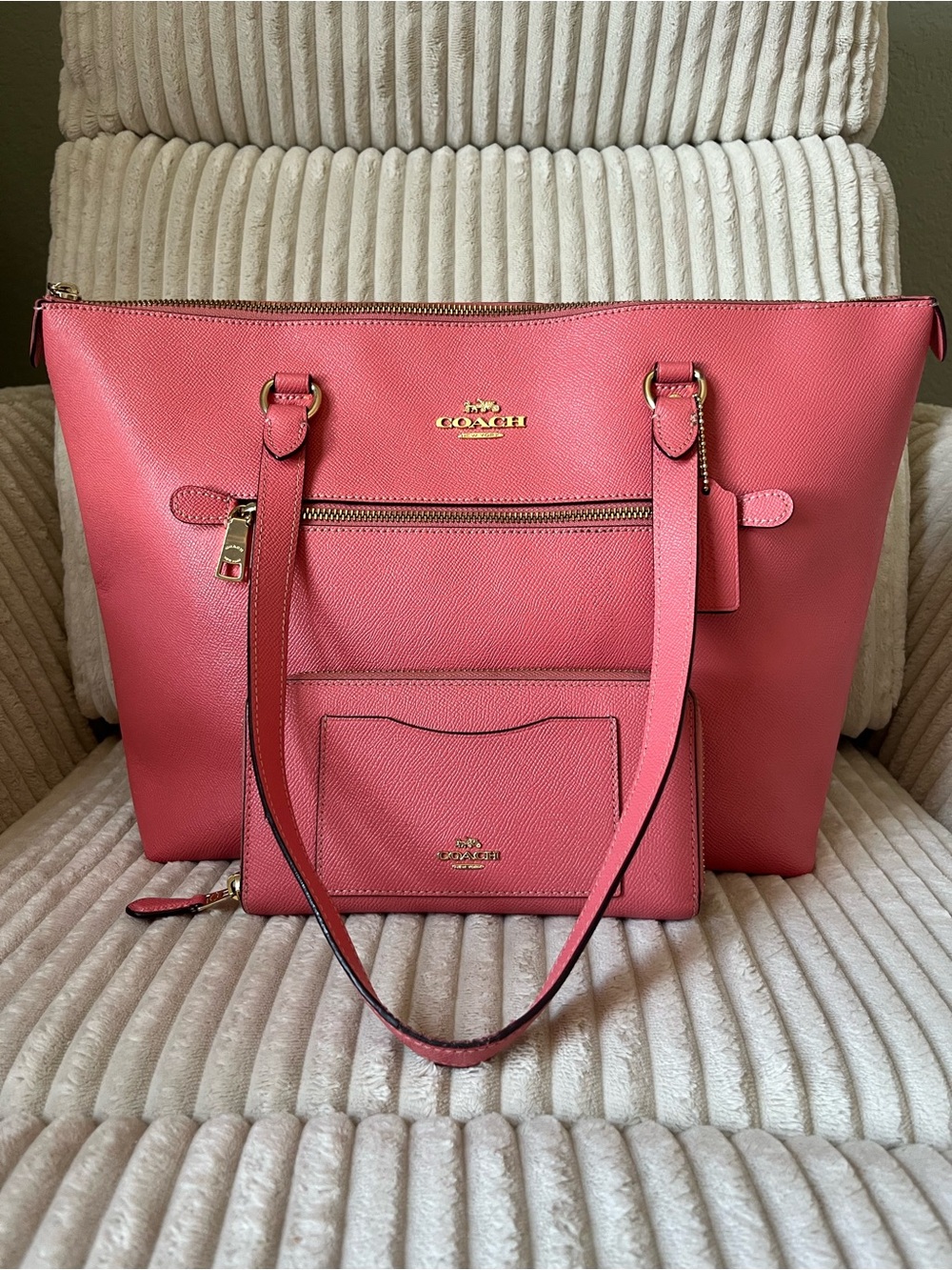 Coach Coral-Pink Leather Tote with Matching Removable Pouch